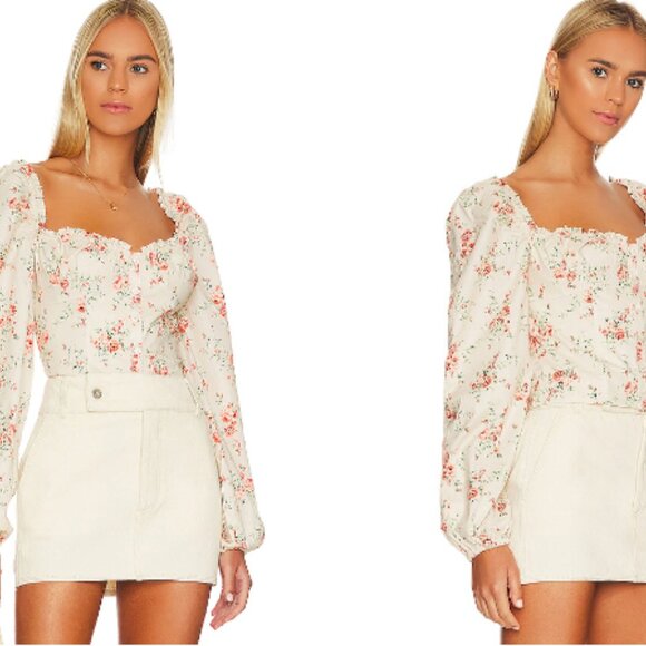 WeWoreWhat Ruched Dainty Floral Top Bustier Pouf Sleeves Cream Pink NEW Large - Picture 3 of 15